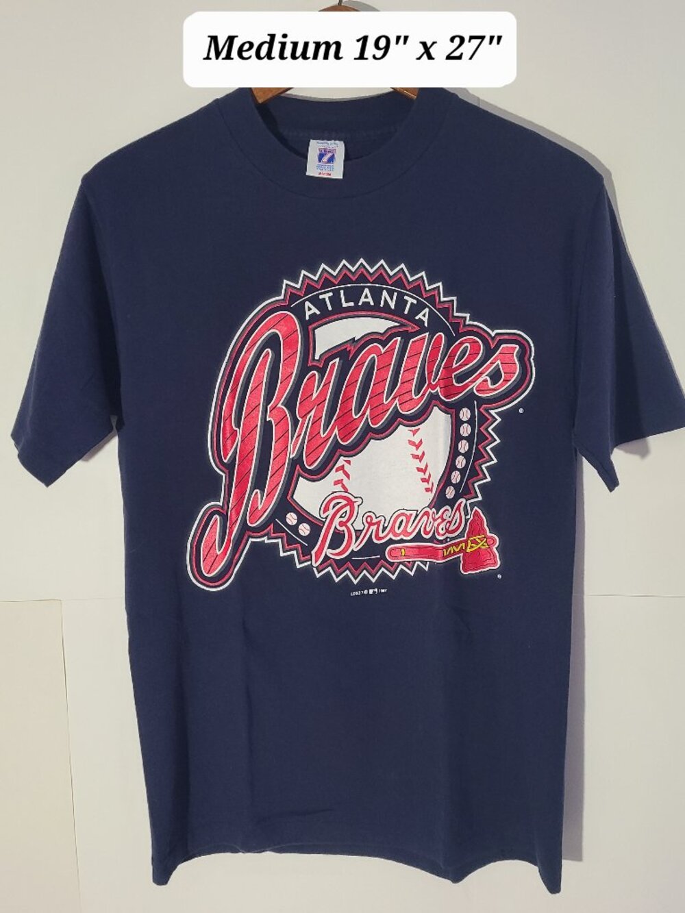 Vintage 1997 Atlanta Braves MLB Logo 7 Blue Medium T-Shirt Made in USA